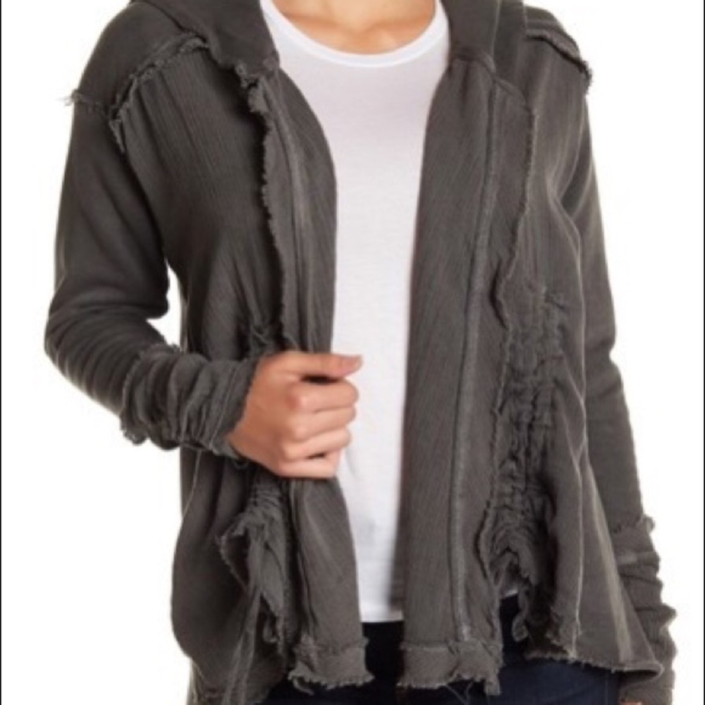 Bobeau Mixed Media Ruched Hooded Cardigan - Picture 14 of 14